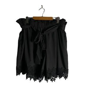 Paper Bag Women's Black High Waisted Belted Floral Laced Shorts